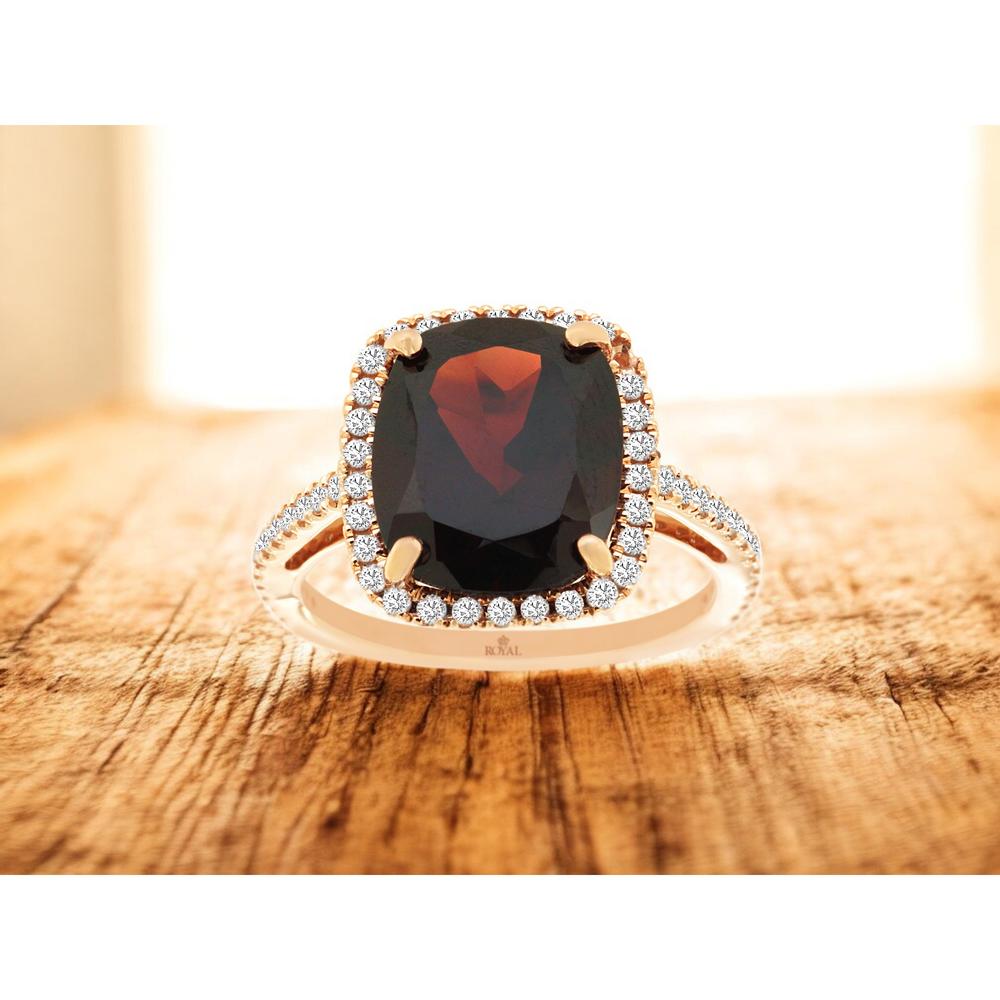 14K Rose Gold Halo Ring with 4.65 Carat Cushion Cut Garnet and 0.20 Carat Round Diamond Accents - Royal Jewelry