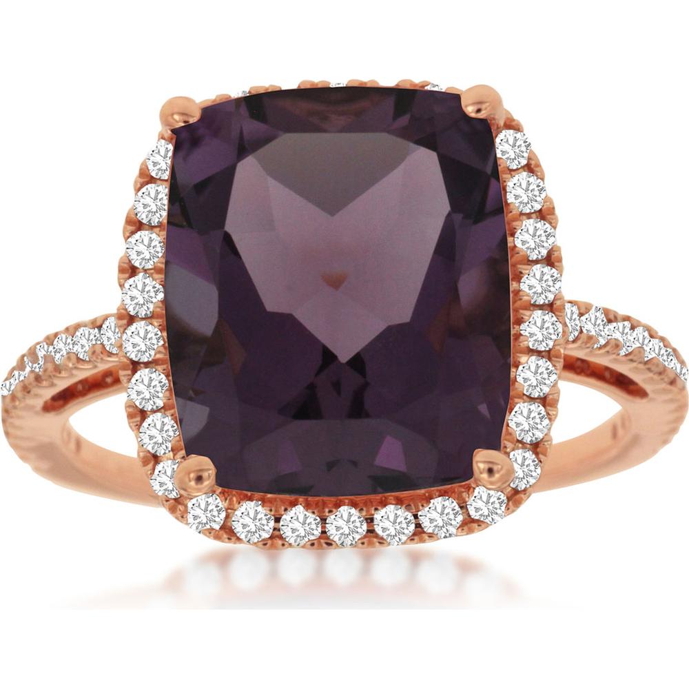 14K Rose Gold Halo Ring with 6.20 Carat Cushion Cut Amethyst and 0.38 Carat Round Diamond Accents - Royal Jewelry