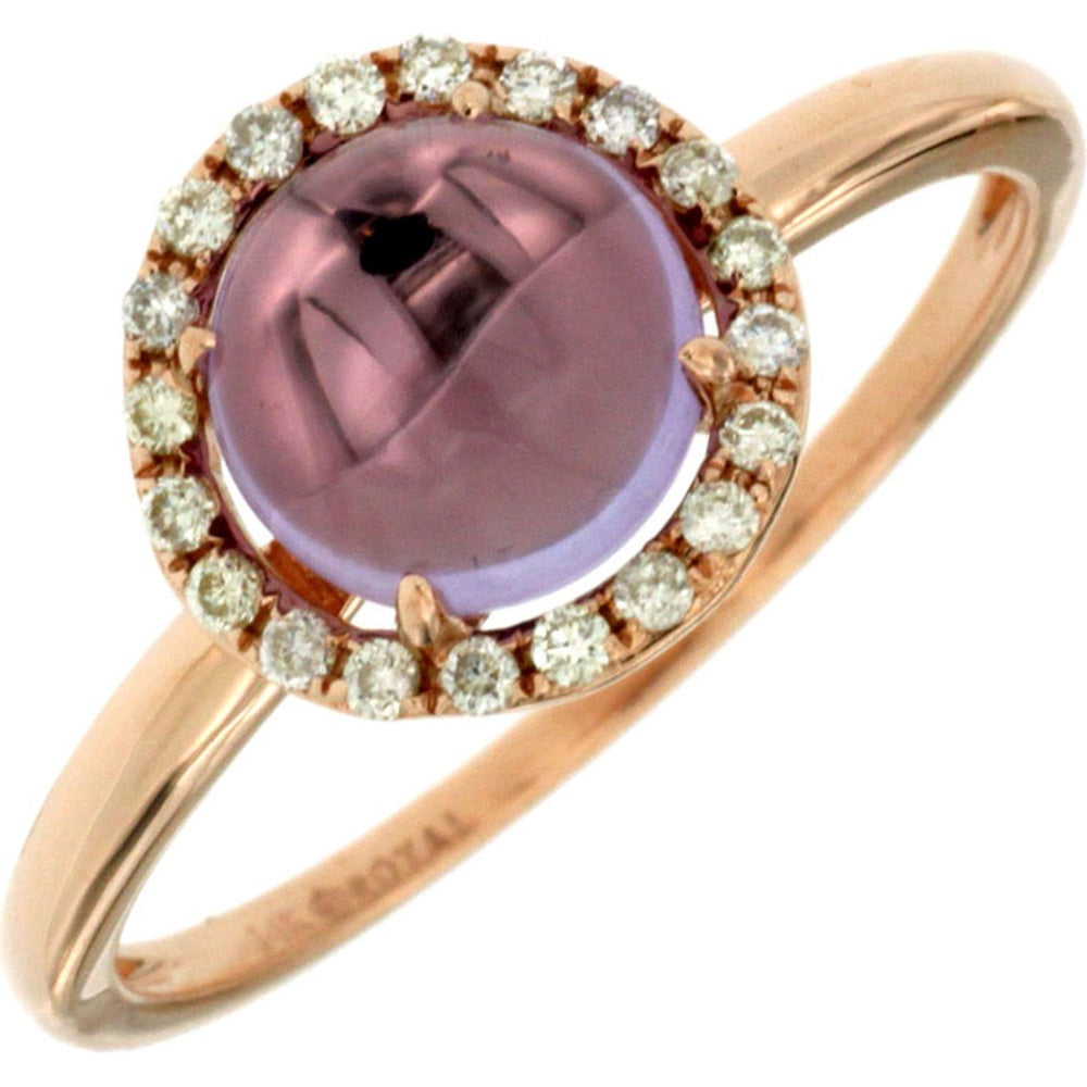 14K Rose Gold Halo Ring with Cabochon Round Amethyst and Pavé Set Diamonds - 1.40 Carat Amethyst and 0.14 Carat Total Diamond Weight - Royal Jewelry