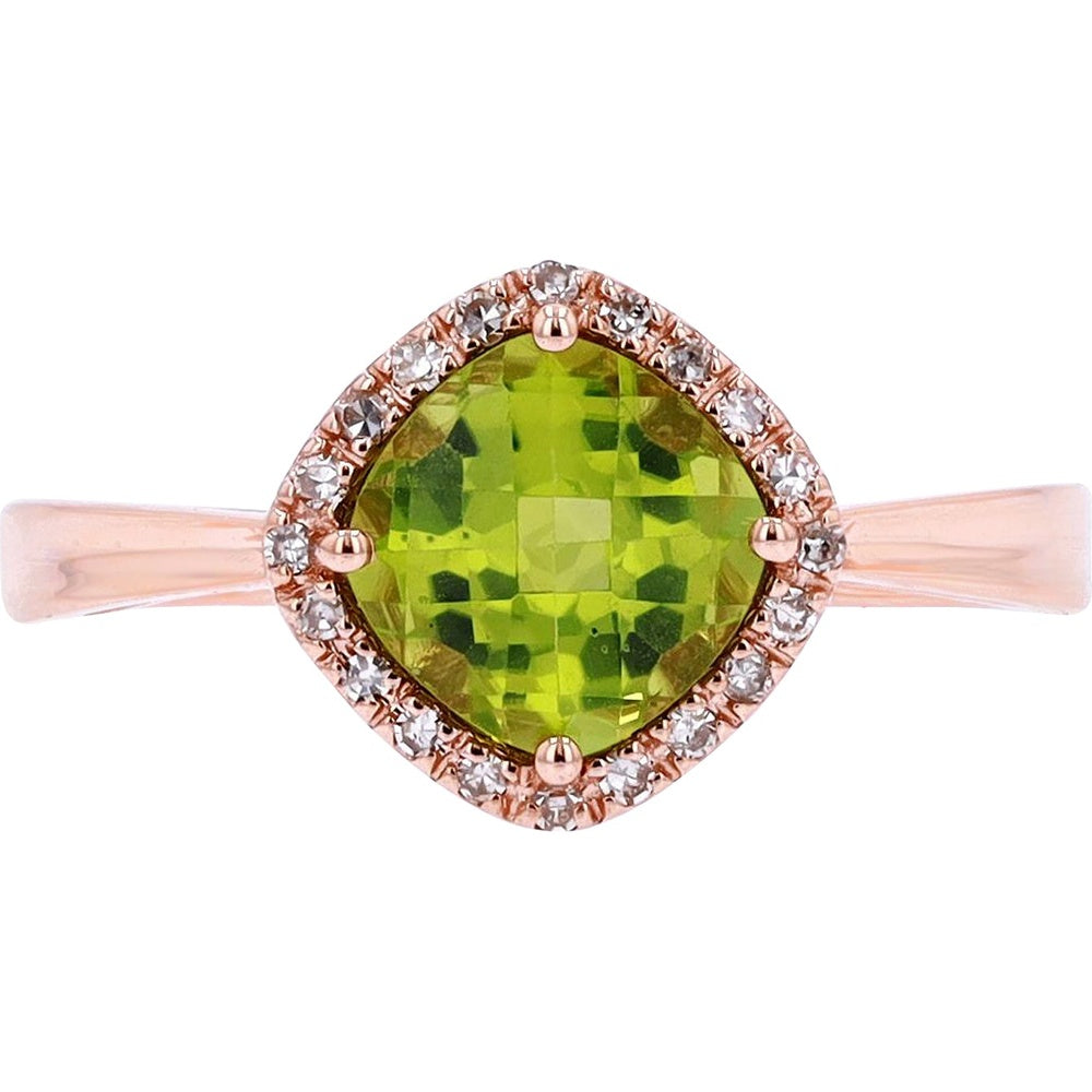 14K Rose Gold Halo Ring with Checkerboard Cushion-Cut Peridot and Round Diamond Accents - 2.54 Carat Total Peridot Weight and 0.08 Carat Total Diamond Weight