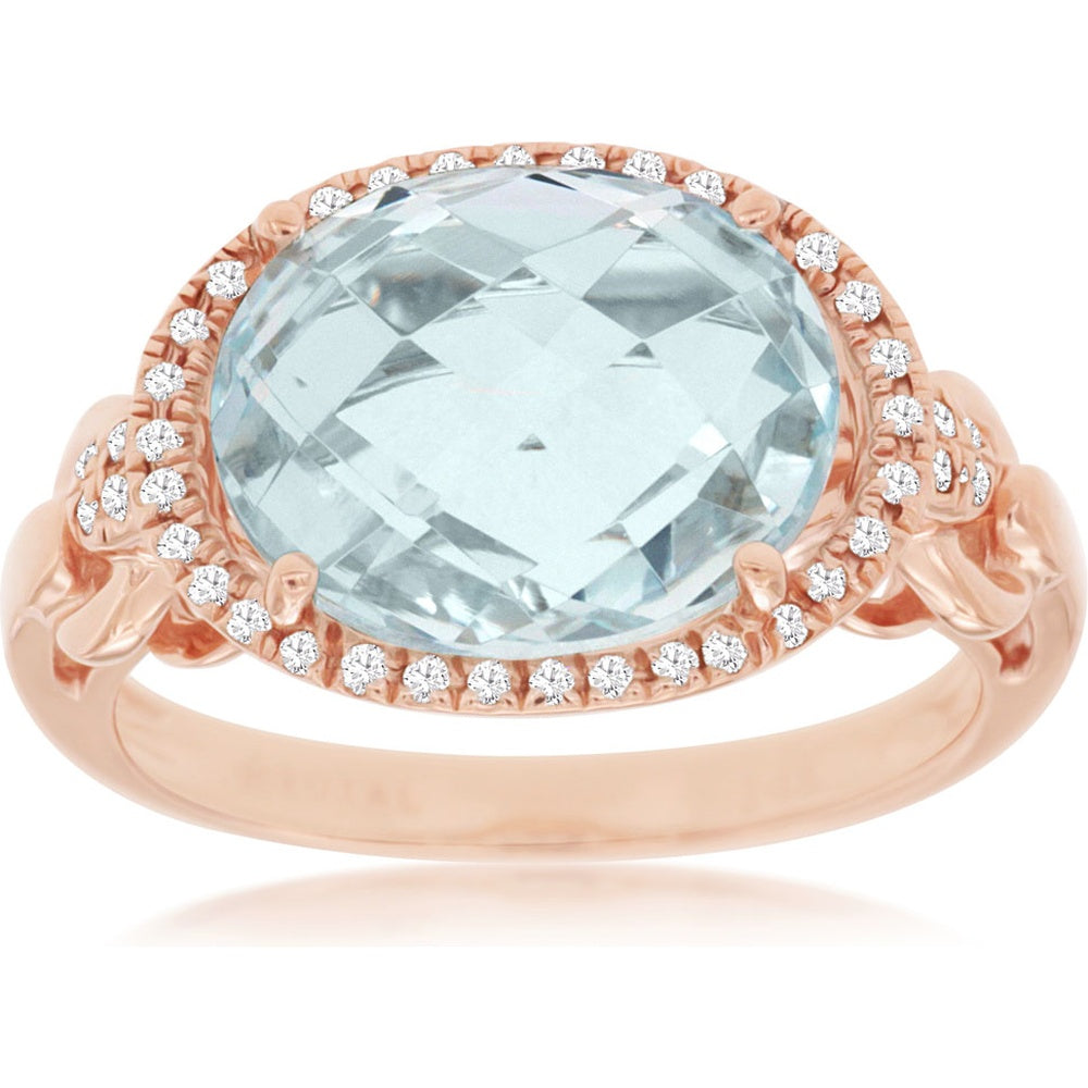 14K Rose Gold Halo Ring with Checkerboard Cut Oval Aquamarine and Round Diamonds - 4.00 Carat Aquamarine and 0.18 Carat Total Diamond Weight - Royal Jewelry