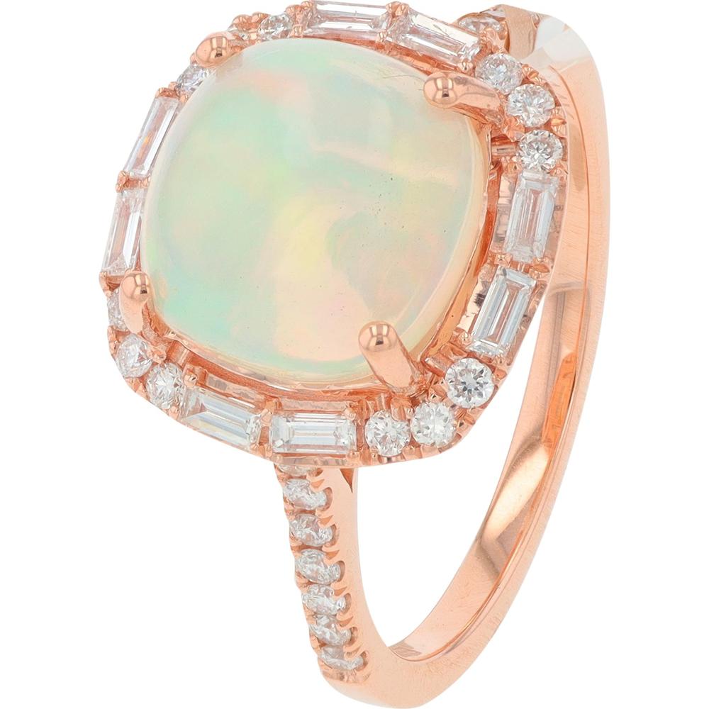 14K Rose Gold Halo Ring with Cushion Cut 2.35 Carats Opal and 0.39 Carats of Baguette and Round Diamonds