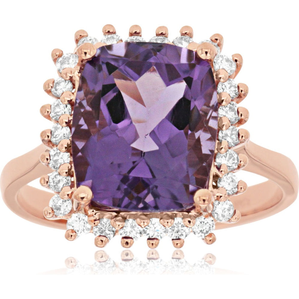14K Rose Gold Halo Ring with Cushion Cut Amethyst and Round Diamond Accents - 3.75 Carat Amethyst and 0.40 Carat Total Diamond Weight - Royal Jewelry