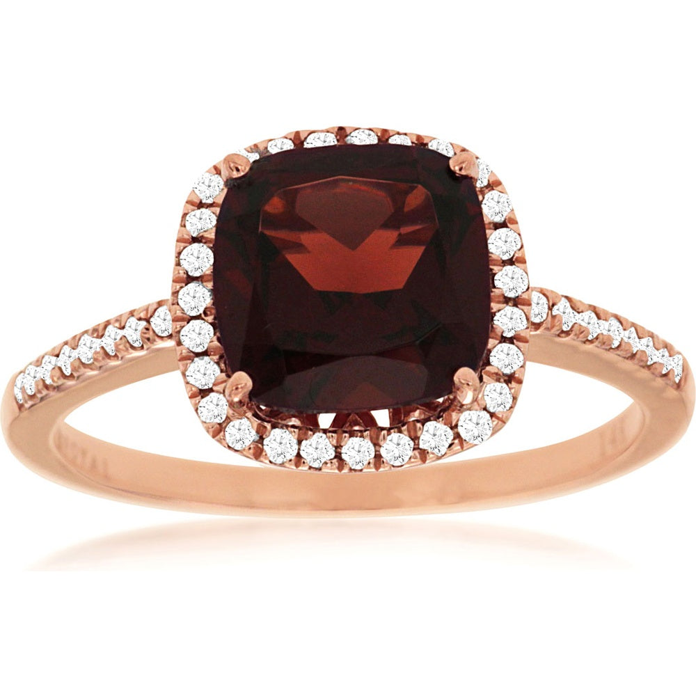14K Rose Gold Halo Ring with Cushion Cut Garnet and Round Diamond Accents - 2.75 Carat Garnet and 0.18 Carat Total Diamond Weight - Royal Jewelry