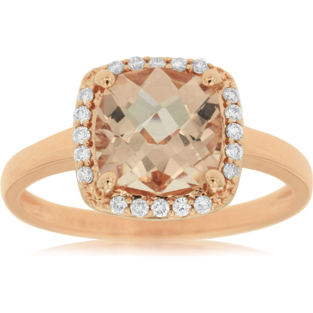 14K Rose Gold Halo Ring with Cushion-Cut Morganite and Round Diamond Accents - 2.00 Carat Morganite and 0.13 Carat Total Diamond Weight - Royal Jewelry