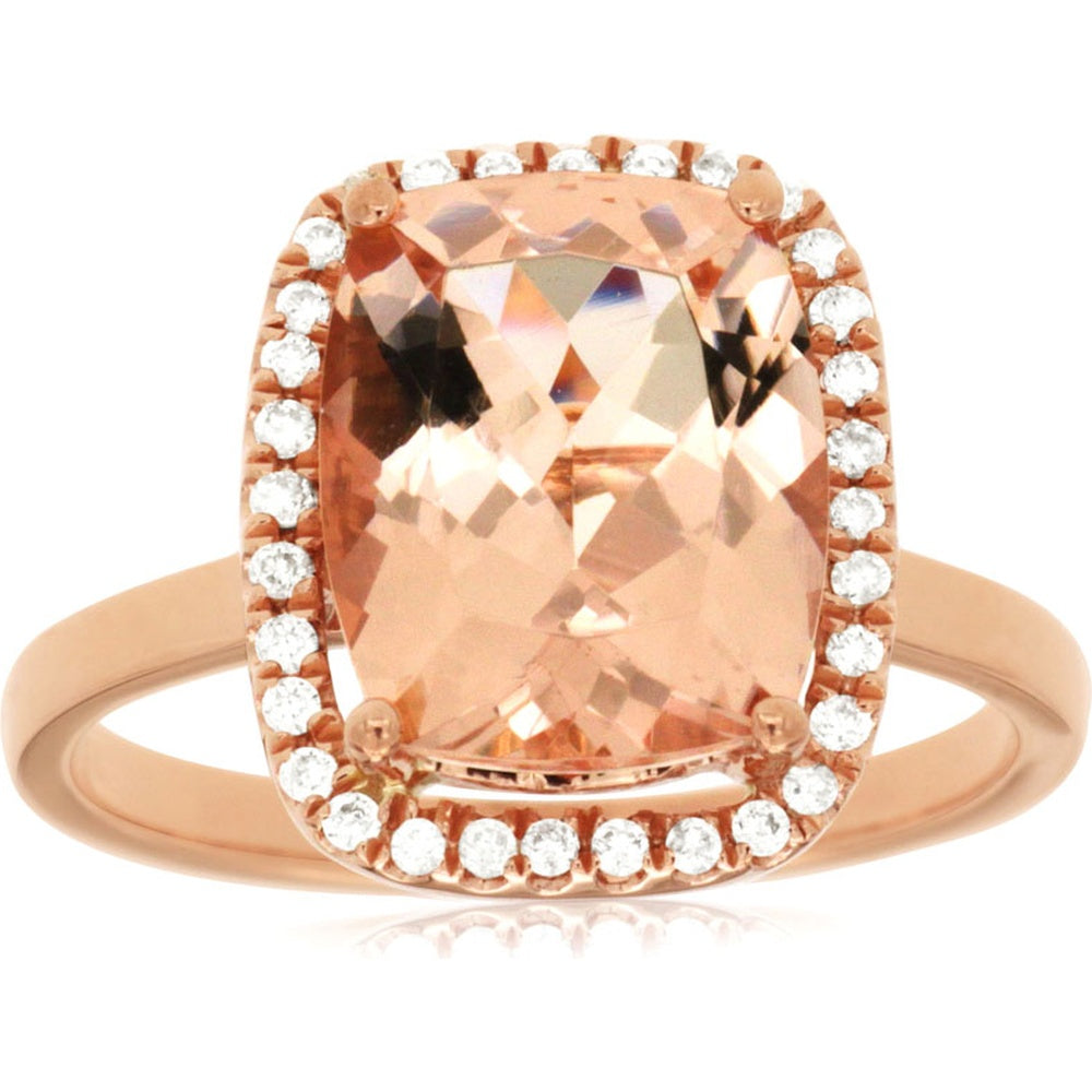 14K Rose Gold Halo Ring with Cushion Cut Morganite and Round Diamond Accents - 4.10 Carat Morganite and 0.18 Carat Total Diamond Weight - Royal Jewelry