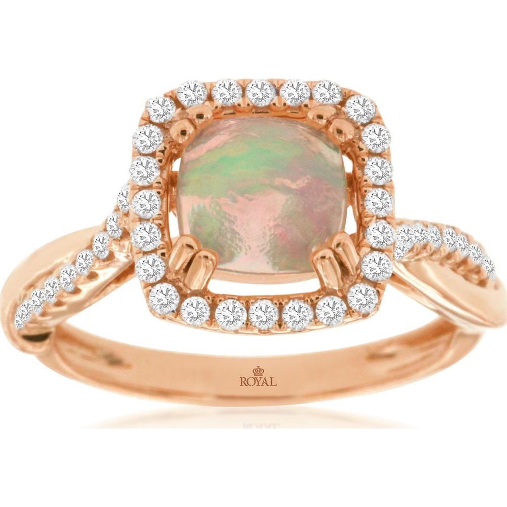 14K Rose Gold Halo Ring with Cushion Cut Opal and Round Diamond Accents - 0.90 Carat Opal and 0.36 Carat Diamond Total Weight - Royal Jewelry