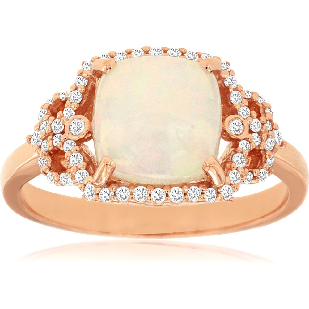 14K Rose Gold Halo Ring with Cushion Cut Opal and Round Diamond Accents - 1.40 Carat Opal and 0.20 Carat Total Diamond Weight - Royal Jewelry