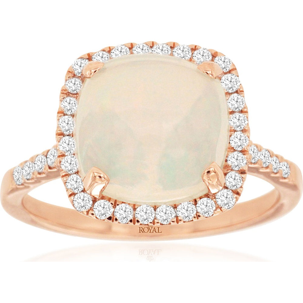 14K Rose Gold Halo Ring with Cushion Cut Opal and Round Diamond Accents - 2.60 Carat Opal and 0.30 Carat Total Diamond Weight - Royal Jewelry