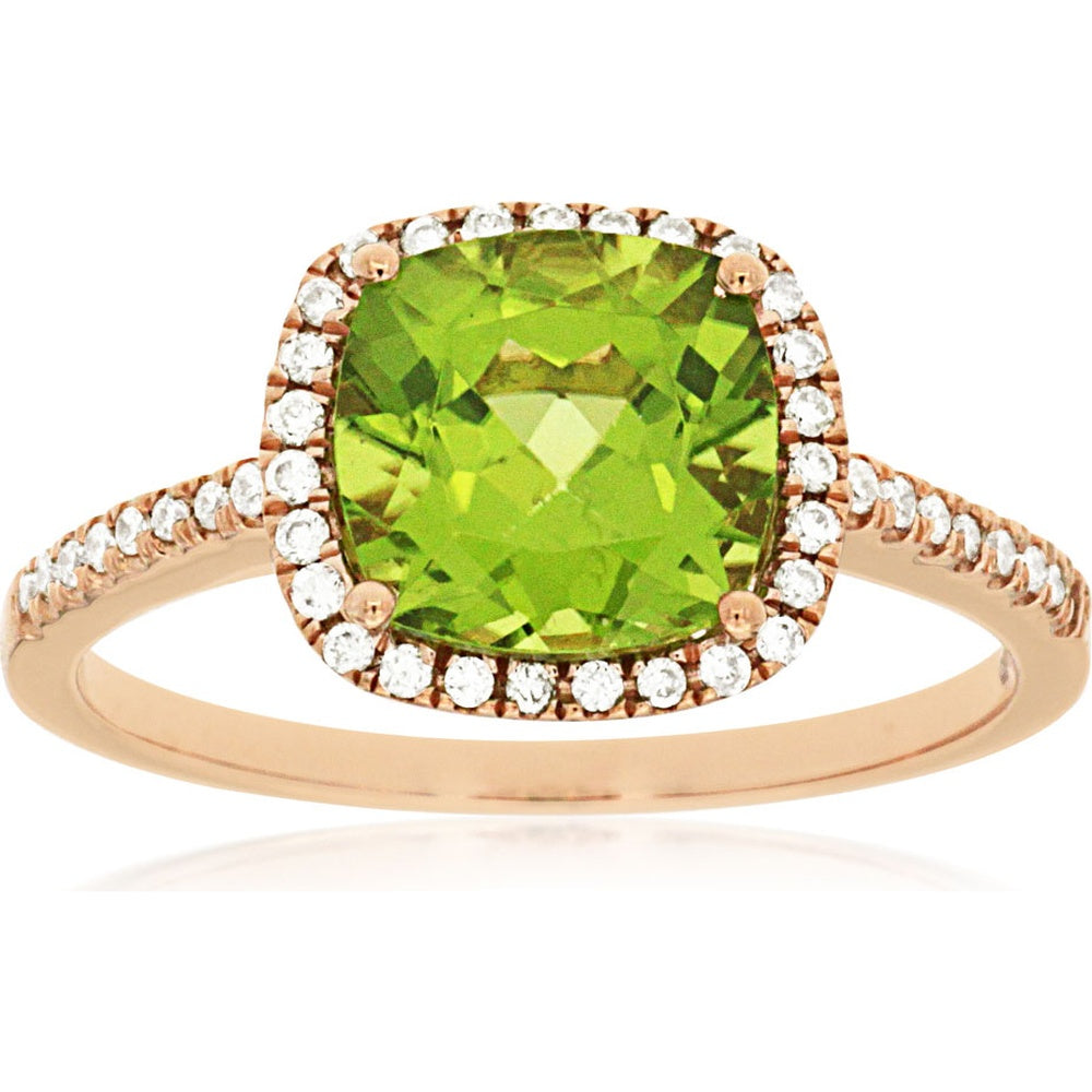 14K Rose Gold Halo Ring with Cushion Cut Peridot and Round Diamonds - 2.00 Carat Peridot and 0.18 Carat Total Diamond Weight - Royal Jewelry