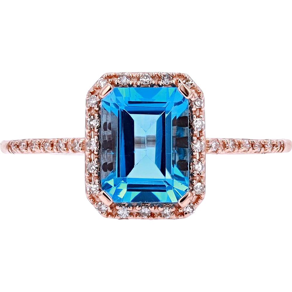 14K Rose Gold Halo Ring with Emerald-Cut Blue Topaz and Round Diamonds - 0.10 Carats Total Diamond Weight