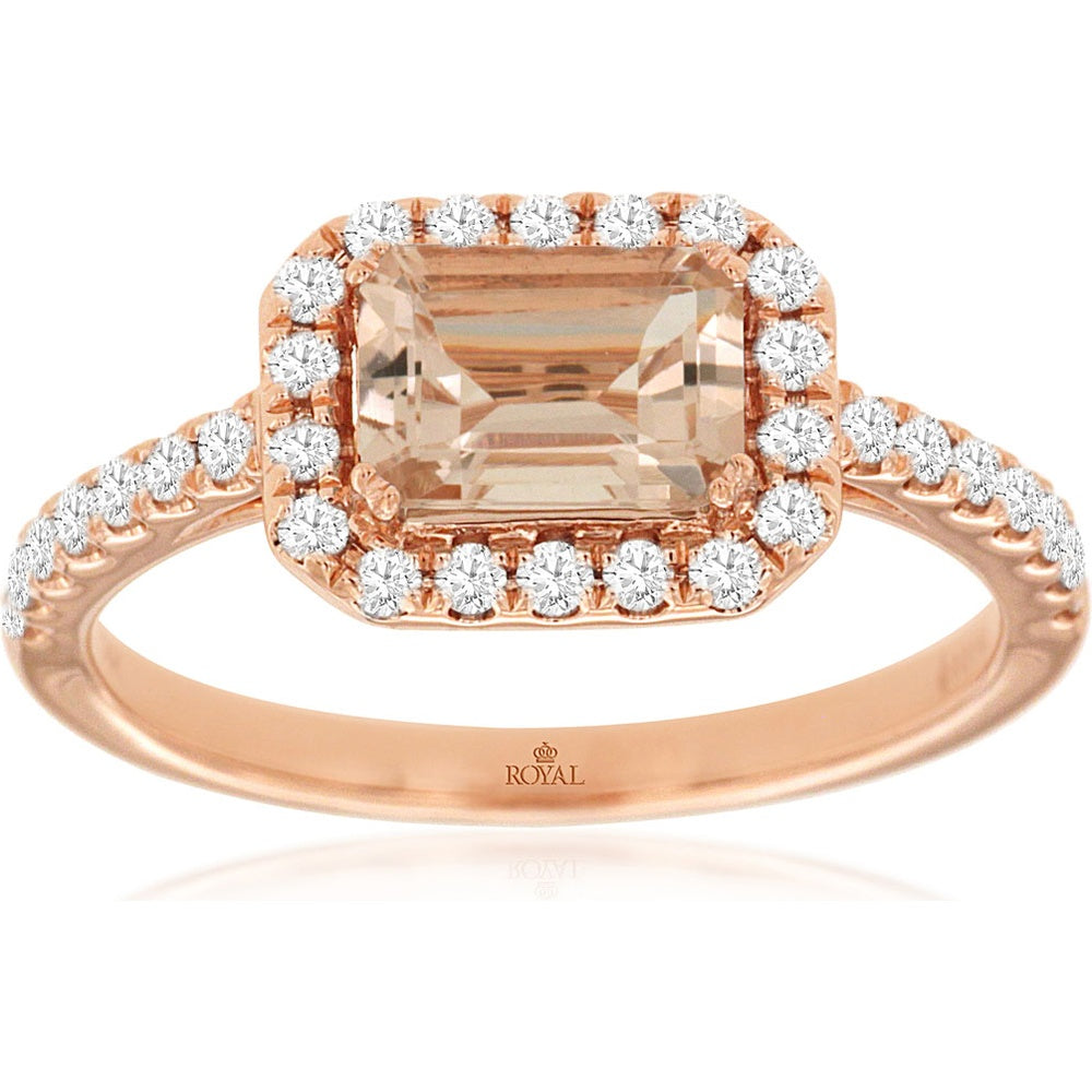 14K Rose Gold Halo Ring with Emerald Cut Morganite and Round Diamonds - 0.95 Carat Morganite and 0.33 Carat Diamond Total Weight - Royal Jewelry