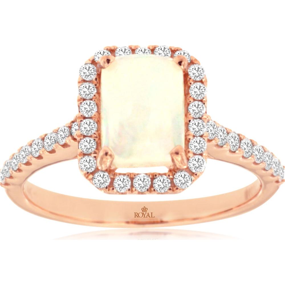 14K Rose Gold Halo Ring with Emerald Cut Opal and 0.45 Carat Round Diamond Accents - 0.90 Carat Opal Total Weight - Royal Jewelry