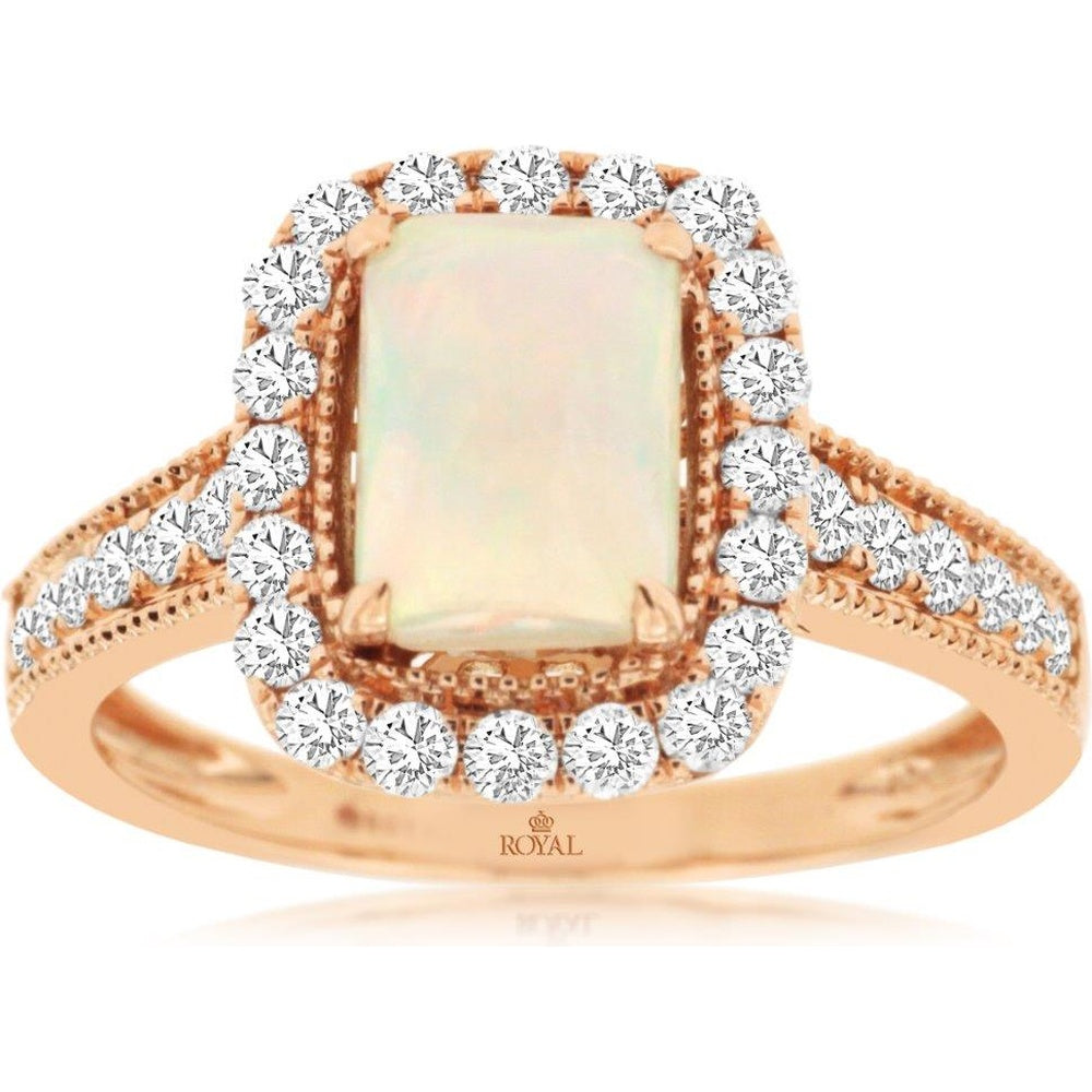 14K Rose Gold Halo Ring with Emerald-Cut Opal and Round Diamond Accents - 0.90 Carat Opal and 0.52 Carat Total Diamond Weight - Royal Jewelry