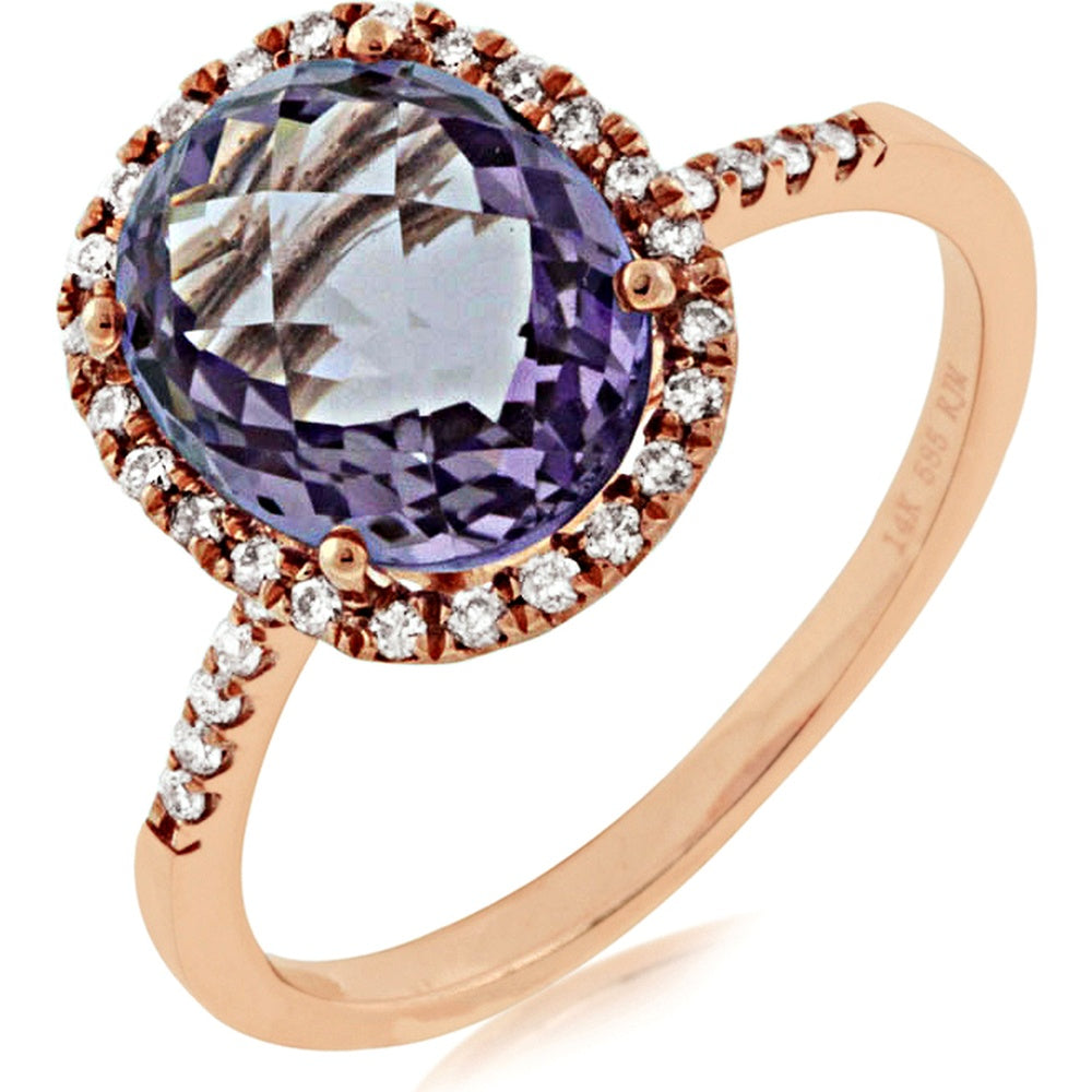 14K Rose Gold Halo Ring with Oval Amethyst and Round Diamond Accents - 3.00 Carat Amethyst and 0.21 Carat Total Diamond Weight - Royal Jewelry