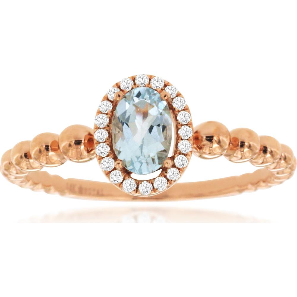 14K Rose Gold Halo Ring with Oval Aquamarine and Round Diamond Beaded Band - 0.35 Carat Aquamarine, 0.08 Carat Diamond - Royal Jewelry