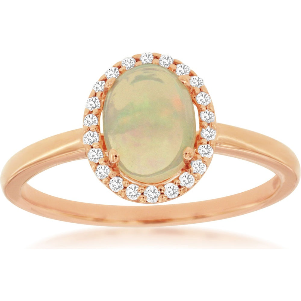 14K Rose Gold Halo Ring with Oval Cabochon Opal and Bead-Set Round Diamonds - 0.90 Carat Opal and 0.12 Carat Total Diamond Weight - Royal Jewelry