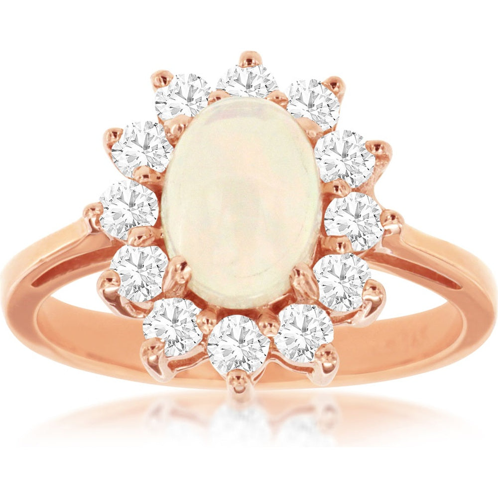 14K Rose Gold Halo Ring with Oval Cabochon Opal and Round Brilliant Diamonds - 0.90 Carat Opal and 0.75 Carat Diamond Total Weight - Royal Jewelry