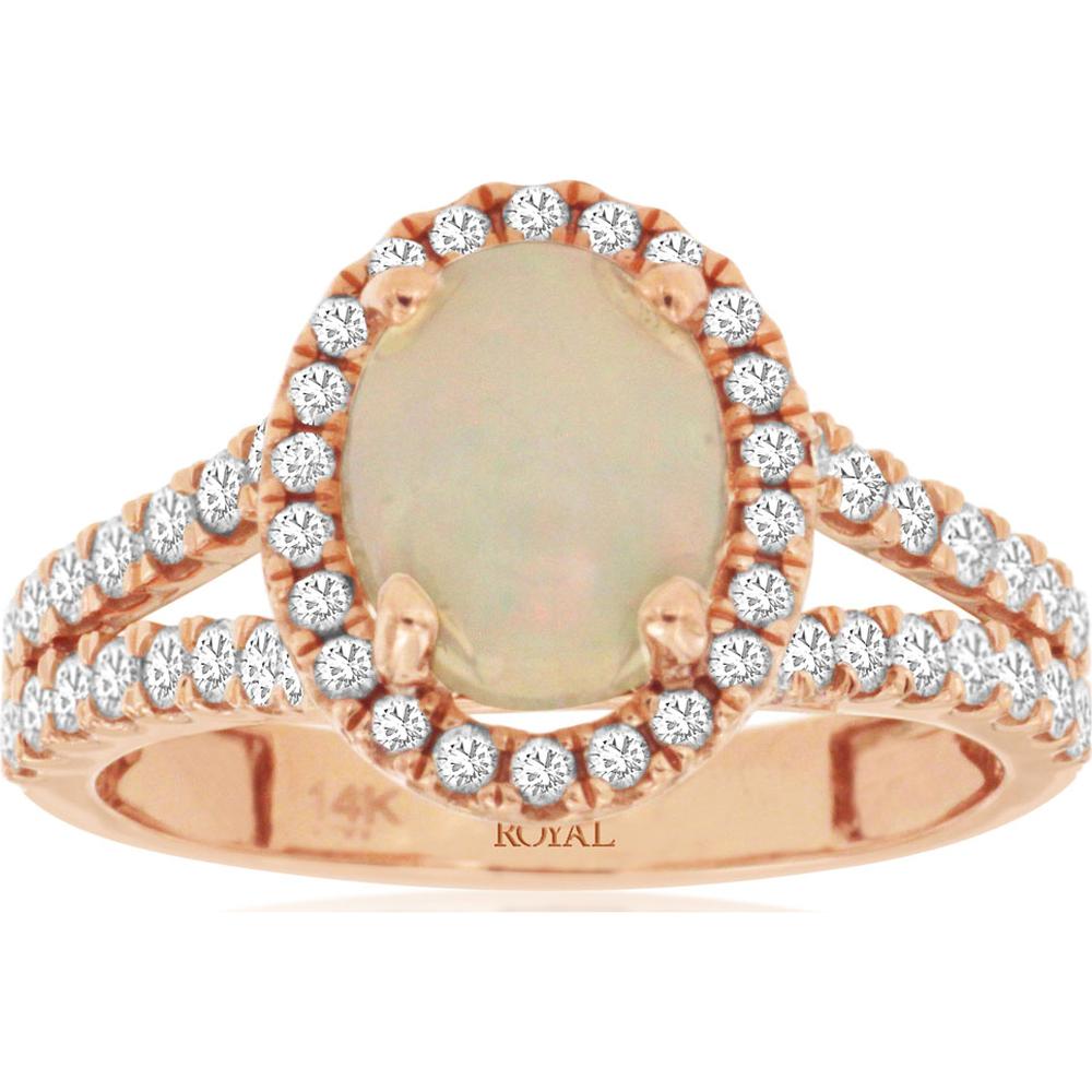 14K Rose Gold Halo Ring with Oval Cabochon Opal and Round Diamond Accents - 1.10 Carat Opal, 0.72 Carat Total Diamond Weight - Royal Jewelry