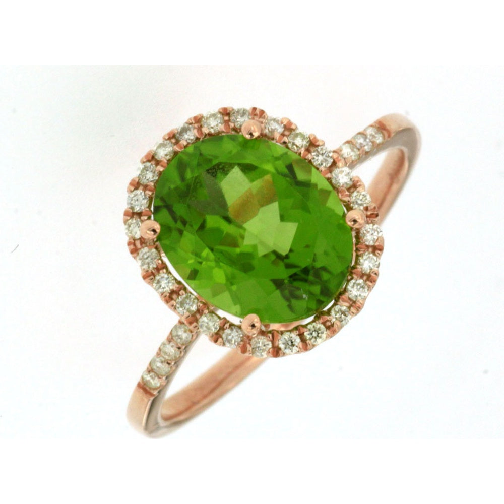 14K Rose Gold Halo Ring with Oval-Cut Peridot and Round Diamonds - 2.55 Carat Peridot and 0.21 Carat Total Diamond Weight - Royal Jewelry