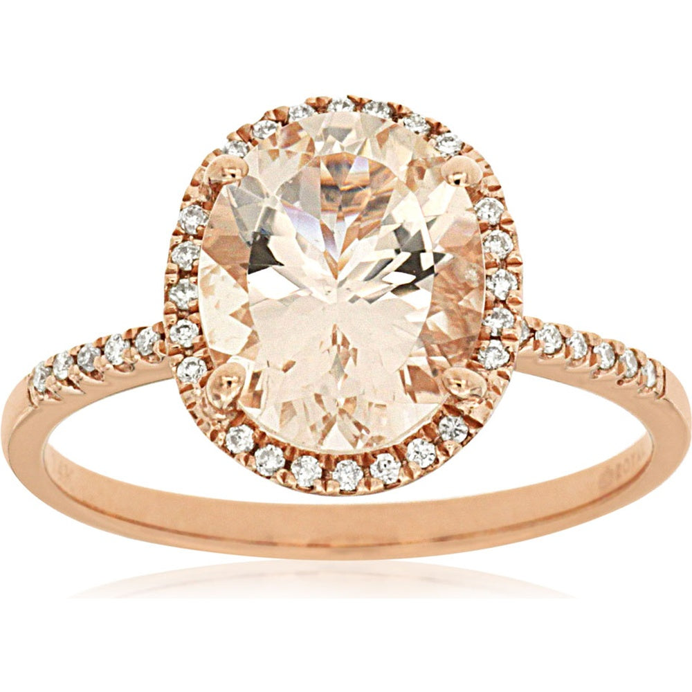 14K Rose Gold Halo Ring with Oval Morganite and Round Diamond Accents - 2.60 Carat Morganite and 0.14 Carat Total Diamond Weight - Royal Jewelry