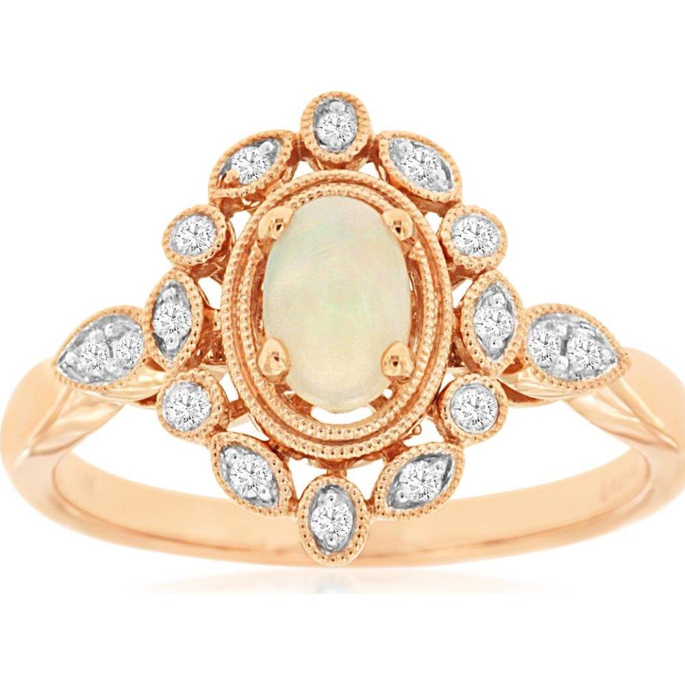 14K Rose Gold Halo Ring with Oval Opal and Round Diamond Milgrain Detailing - 0.30 Carat Opal, 0.13 Carat Diamond - Royal Jewelry