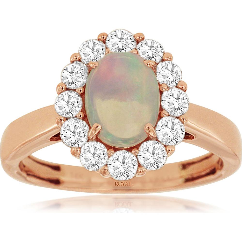 14K Rose Gold Halo Ring with Oval Opal and Round Diamonds - 0.90 Carat Opal and 0.75 Carat Total Diamond Weight - Royal Jewelry