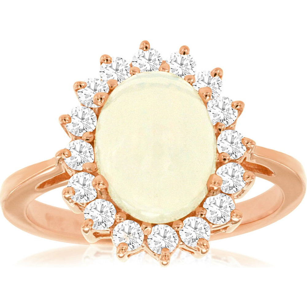 14K Rose Gold Halo Ring with Oval Opal and Round Diamonds - 1.70 Carat Opal and 0.65 Carat Total Diamond Weight - Royal Jewelry