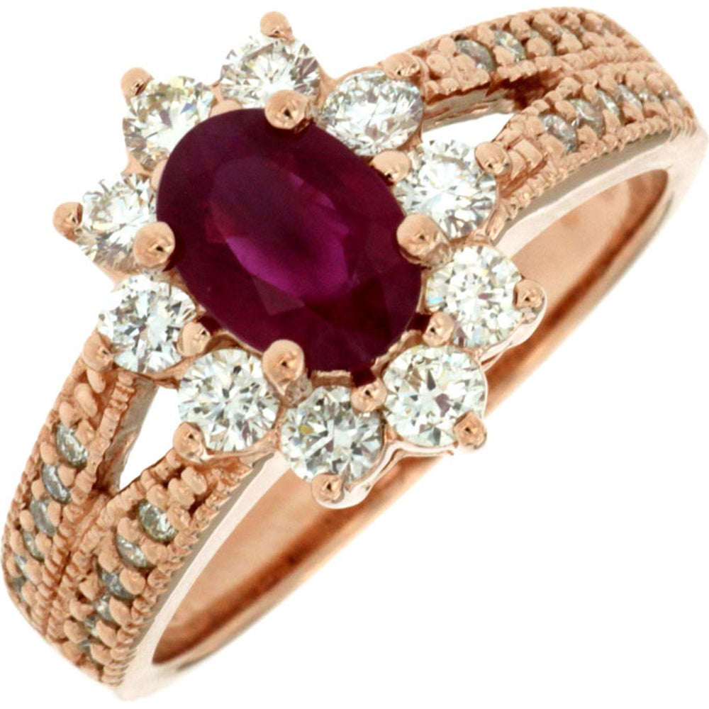 14K Rose Gold Halo Ring with Oval Ruby and Round Diamonds - 0.90 Carat Ruby and 0.84 Carat Diamond Total Weight - Royal Jewelry
