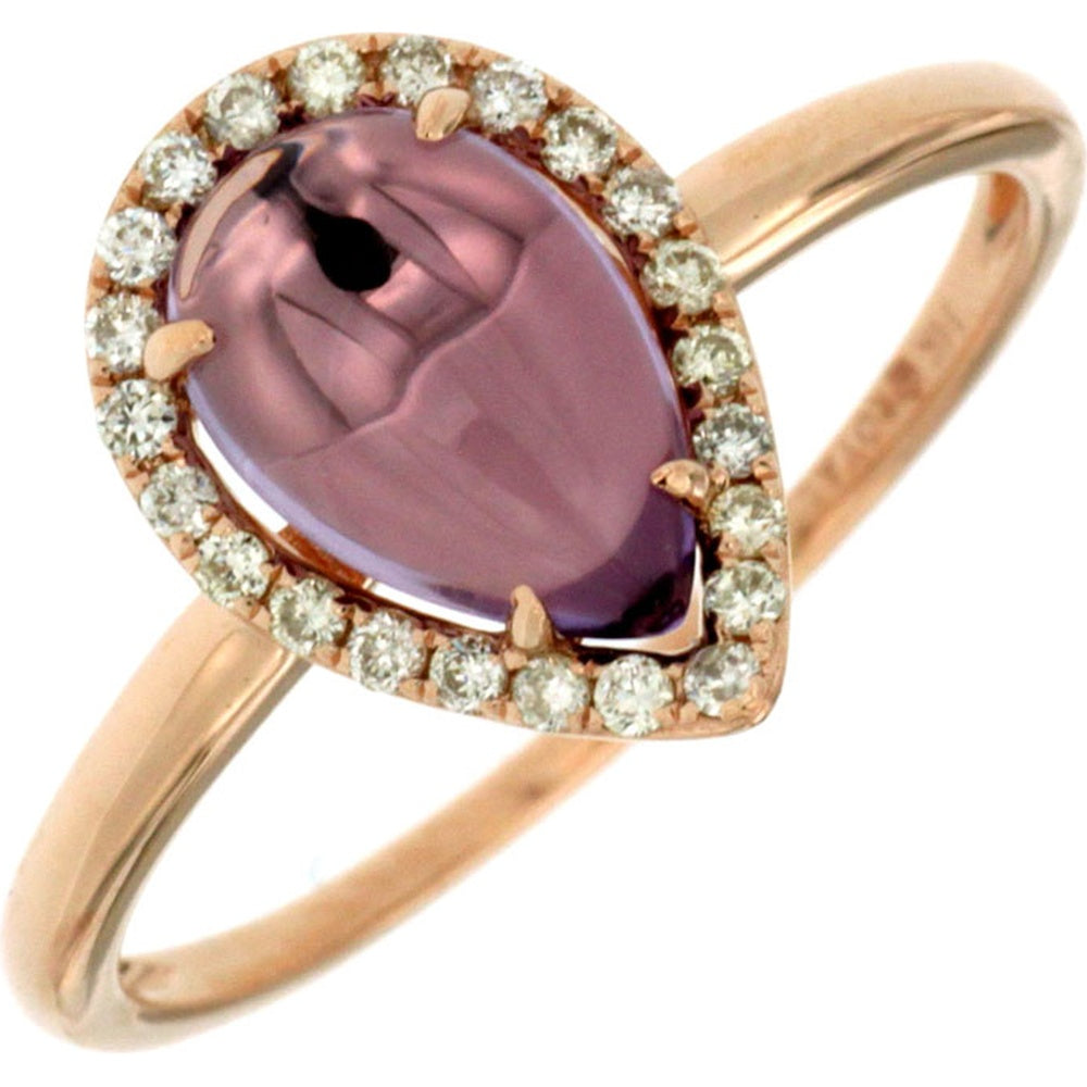 14K Rose Gold Halo Ring with Pear-Shaped Cabochon Amethyst and Round Diamond Accents - 1.20 Carat Amethyst and 0.15 Carat Total Diamond Weight - Royal Jewelry