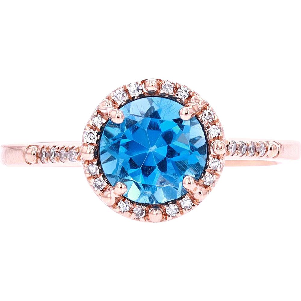 14K Rose Gold Halo Ring with Round Blue Topaz and Diamond Accents - 0.09 Carats Total Diamond Weight