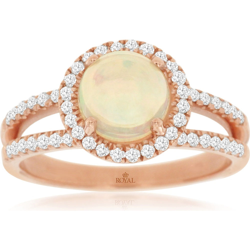 14K Rose Gold Halo Ring with Round Cabochon Opal and Milgrain-Edge Round Diamonds - 0.85 Carat Opal and 0.50 Carat Total Diamond Weight - Royal Jewelry