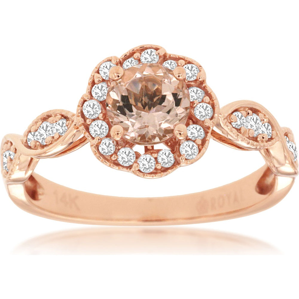 14K Rose Gold Halo Ring with Round Morganite and Diamond Accents - 0.50 Carat Morganite and 0.27 Carat Total Diamond Weight - Royal Jewelry