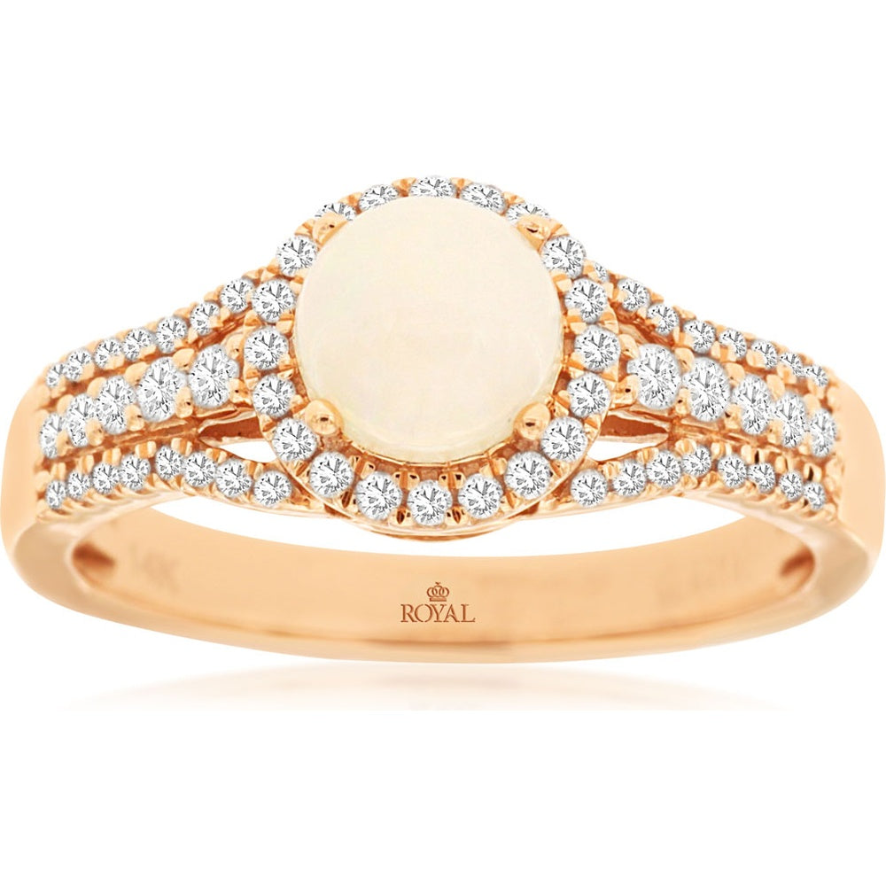 14K Rose Gold Halo Ring with Round Opal and Diamond Accents - 0.60 Carat Opal and 0.33 Carat Total Diamond Weight - Royal Jewelry