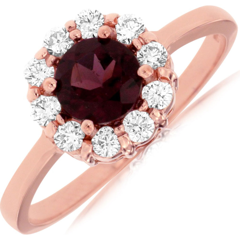 14K Rose Gold Halo Ring with Round Rhodolite and Prong-Set Diamond Accents - 0.75 Carat Rhodolite and 0.30 Carat Total Diamond Weight - Royal Jewelry
