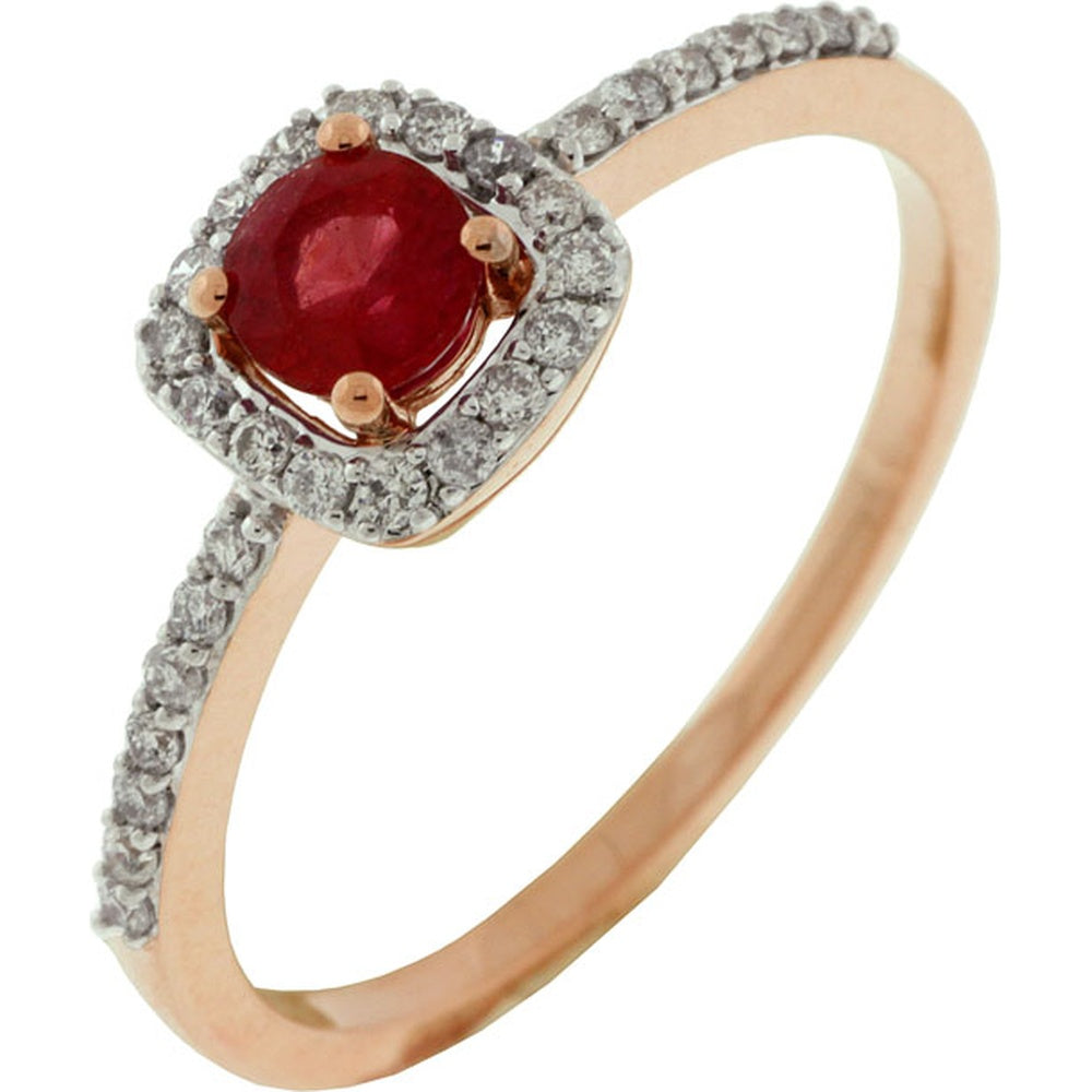 14K Rose Gold Halo Ring with Round Ruby and Pavé Set Diamonds - 0.35 Carat Ruby and 0.20 Carat Diamond Total Weight - Royal Jewelry