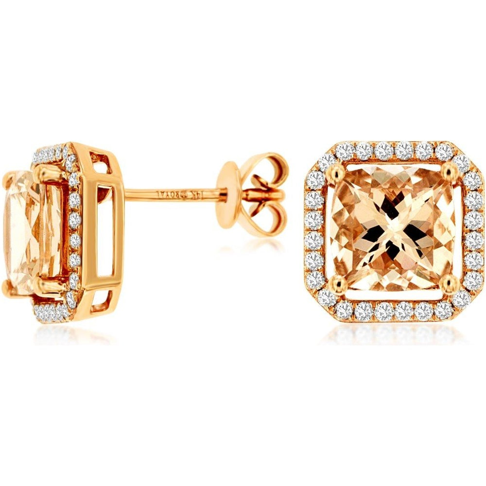 14K Rose Gold Halo Stud Earrings with Cushion-Cut Morganite and Round Diamonds - 2.50 Carat Total Morganite Weight and 0.29 Carat Total Diamond Weight - Royal Jewelry