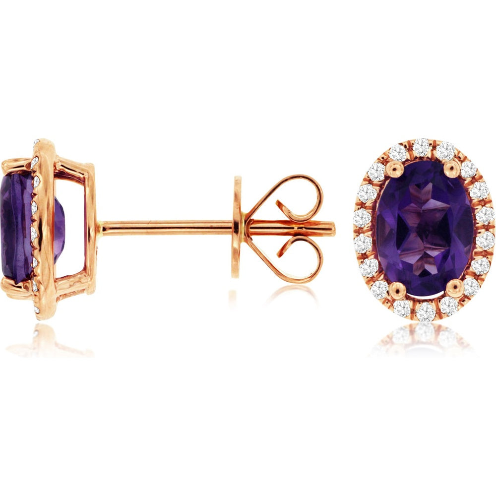 14K Rose Gold Halo Stud Earrings with Oval Amethysts and Round Diamonds - 1.40 Carat Total Amethyst Weight and 0.19 Carat Total Diamond Weight - Royal Jewelry