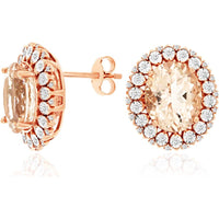 14K Rose Gold Halo Stud Earrings with Oval Morganite and Round Diamonds - 5.20 Carat Total Morganite Weight and 0.25 Carat Total Diamond Weight - Royal Jewelry