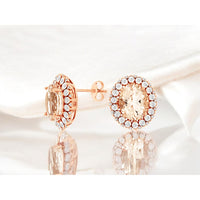14K Rose Gold Halo Stud Earrings with Oval Morganite and Round Diamonds - 5.20 Carat Total Morganite Weight and 0.25 Carat Total Diamond Weight - Royal Jewelry
