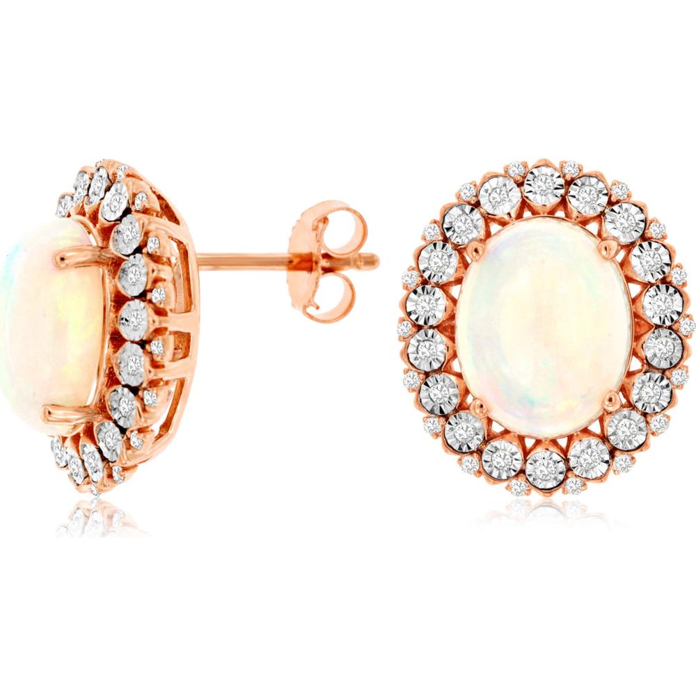 14K Rose Gold Halo Stud Earrings with Oval Opals and Round Diamonds - 3.40 Carat Total Opal Weight, 0.25 Carat Total Diamond Weight - Royal Jewelry