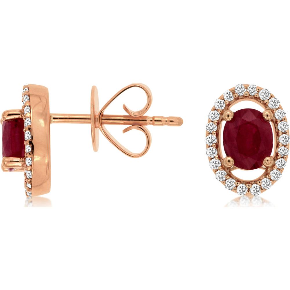 14K Rose Gold Halo Stud Earrings with Oval Ruby and Round Diamond Accents - 0.82 Carat Total Ruby Weight, 0.18 Carat Total Diamond Weight - Royal Jewelry