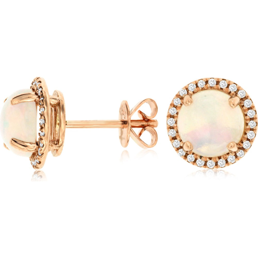14K Rose Gold Halo Stud Earrings with Round Cabochon Opals and Milgrain-Trimmed Diamonds - 1.90 Carat Total Opal Weight and 0.15 Carat Total Diamond Weight - Royal Jewelry