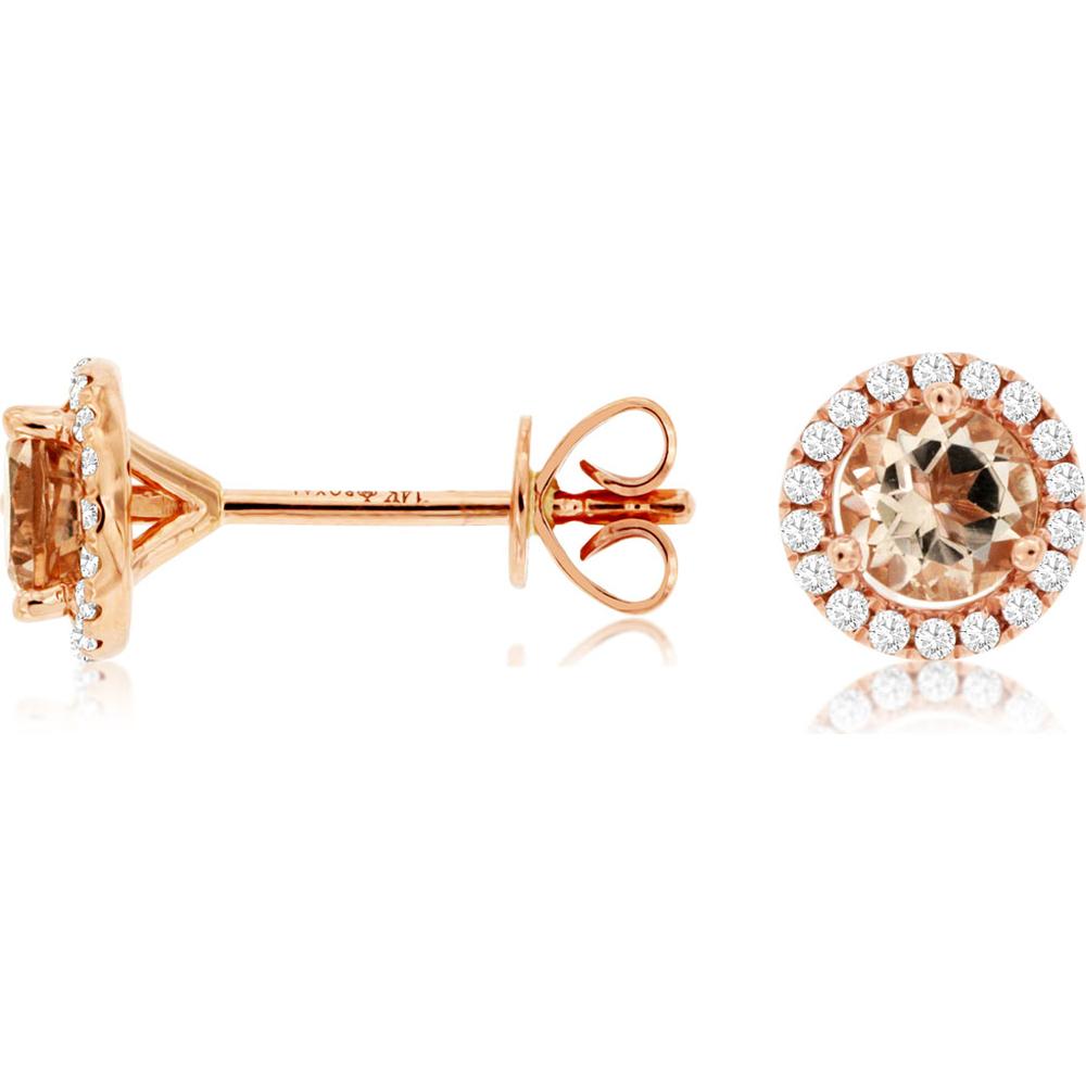 14K Rose Gold Halo Stud Earrings with Round Morganite and Diamond Accents - 0.70 Carat Morganite Total Weight and 0.14 Carat Diamond Total Weight - Royal Jewelry