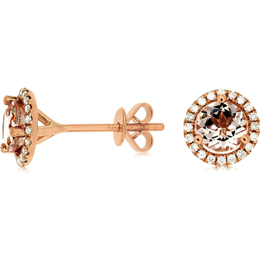 14K Rose Gold Halo Stud Earrings with Round Morganite and Round Diamonds - 1.10 Carat Total Morganite Weight and 0.16 Carat Total Diamond Weight - Royal Jewelry
