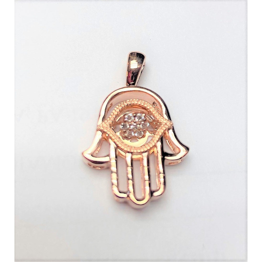 14K Rose Gold Hamsa Pendant with Milgrain Evil Eye and Prong-Set Round Diamonds - 0.08 Carat Total Diamond Weight by Auriventus