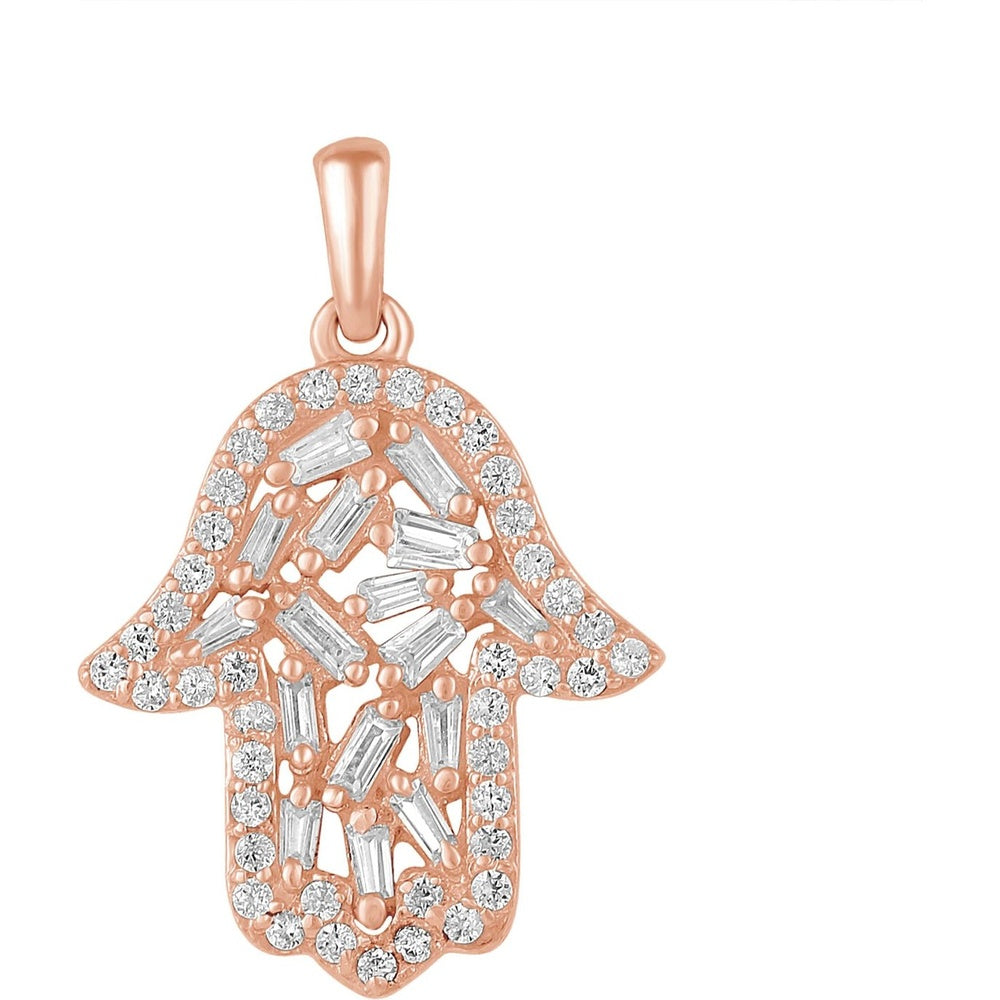 14K Rose Gold Hamsa Pendant with Round and Baguette Diamonds - 0.36 Carat Total Diamond Weight by Auriventus