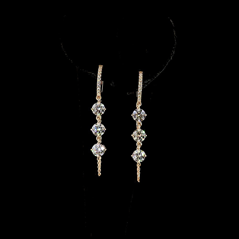 14K Rose Gold Hanging Drop Earrings with 3-Stone Prong Set Round Lab Diamonds - 3.33 Carats Total Diamond Weight - Covaloro Fine Jewelry