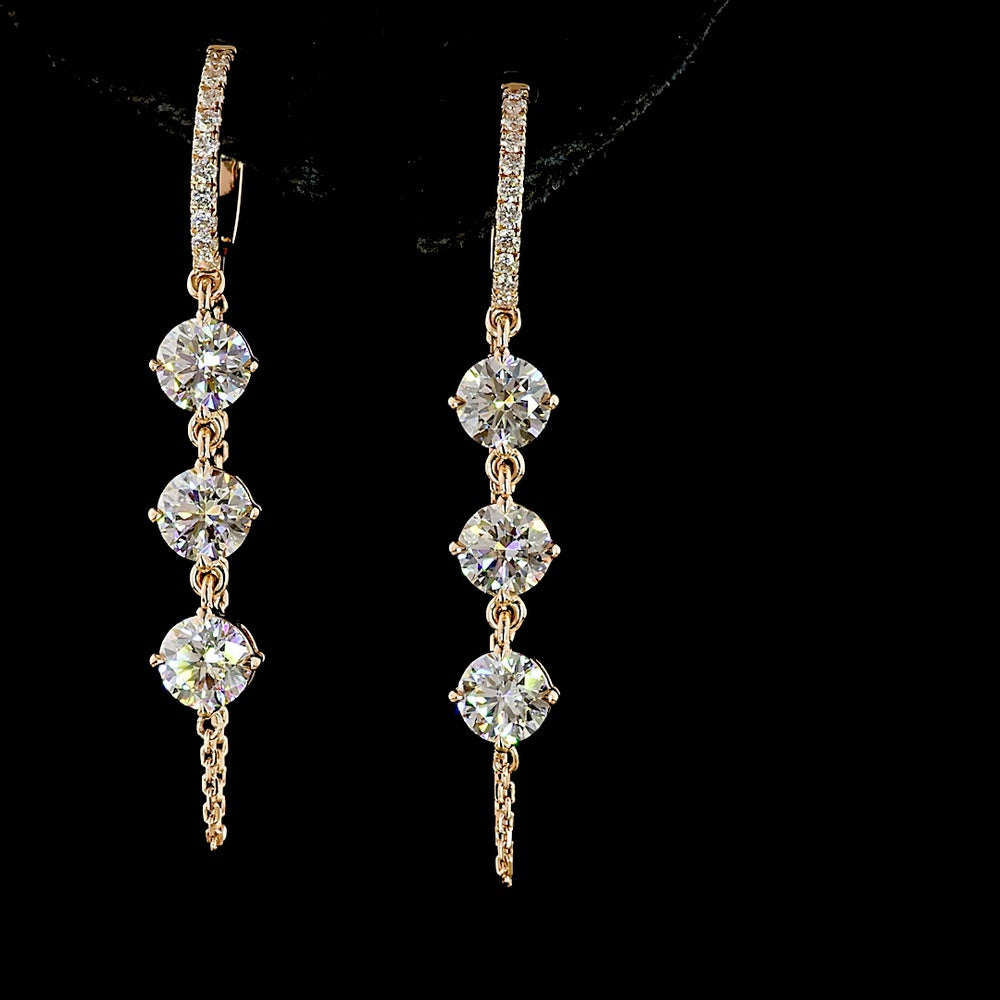 14K Rose Gold Hanging Drop Earrings with 3-Stone Prong Set Round Lab Diamonds - 3.33 Carats Total Diamond Weight - Covaloro Fine Jewelry