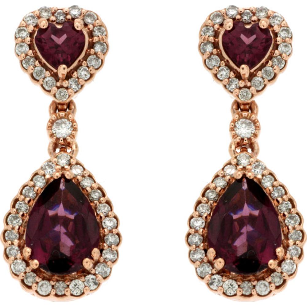 14K Rose Gold Heart & Pear Rhodolite and Diamond Drop Earrings - 0.75 Carat Diamond Total Weight, 2.10 Carat Rhodolite Total Weight - Royal Jewelry